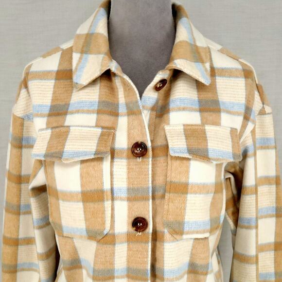 Avec Les Filles Jacket Womens XS Beige Ivory Blue Plaid Flannel Top Shacket New - Picture 13 of 16